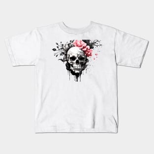 Flowery Skull Ink Dripping Effect Kids T-Shirt